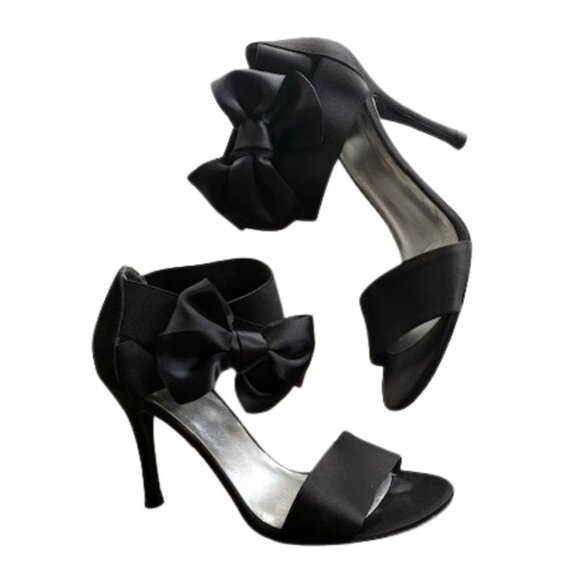 Stuart Weitzman Black Satin Bow Sandal with Elastic Bands | 4" Heel | Size 8.5 - Picture 3 of 16